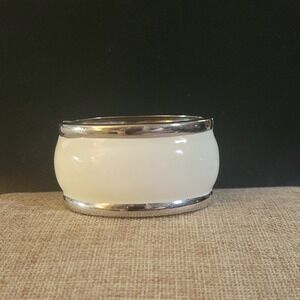 White Enamel Silver Tone Hinged Cuff Bangle Bracelet Size 7.25 Minimalist